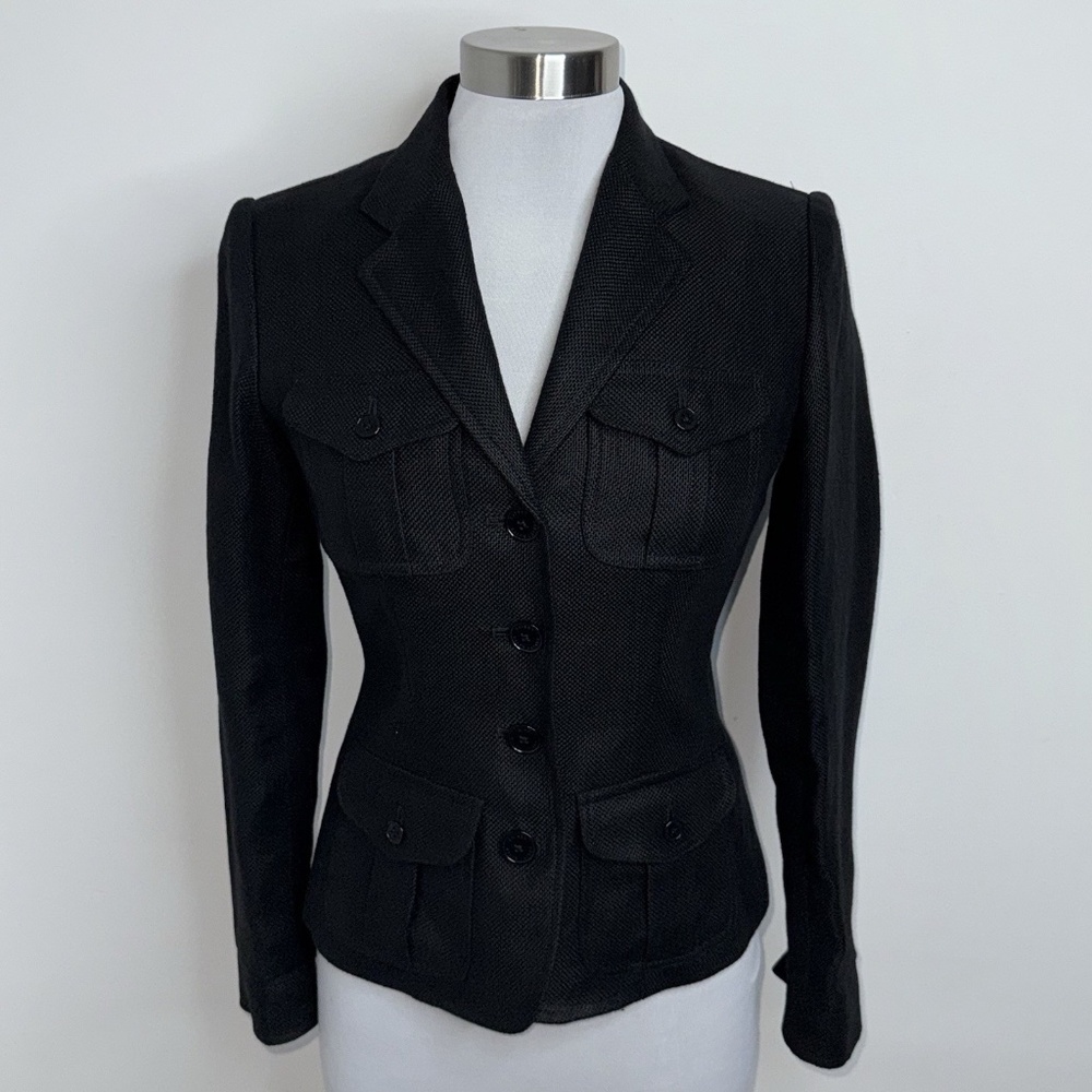 Ralph Lauren Womens suit Jacket Coat Black Linen Sz 2 pockets coarse weave